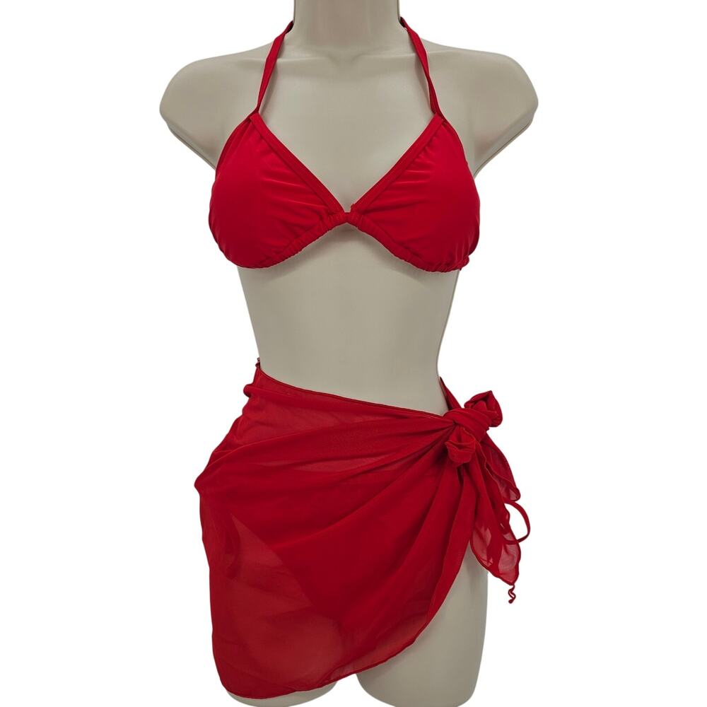 Zando Womans size XS String Bikini Halter Tie 3 Piece Swimsuit Sarong Red NWOT